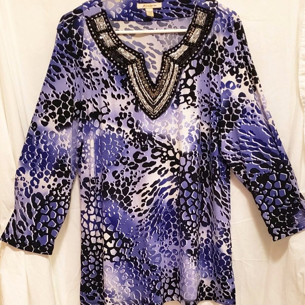 Purple Leopard long sleeve jeweled neckline top